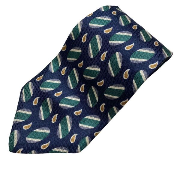 Geoffrey Beene Tie Men's Necktie Silk Navy Blue Geometric Green Gray Made in USA - Picture 1 of 8